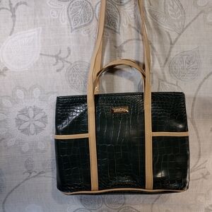 Green Croc-Embossed Tote with Tan Straps